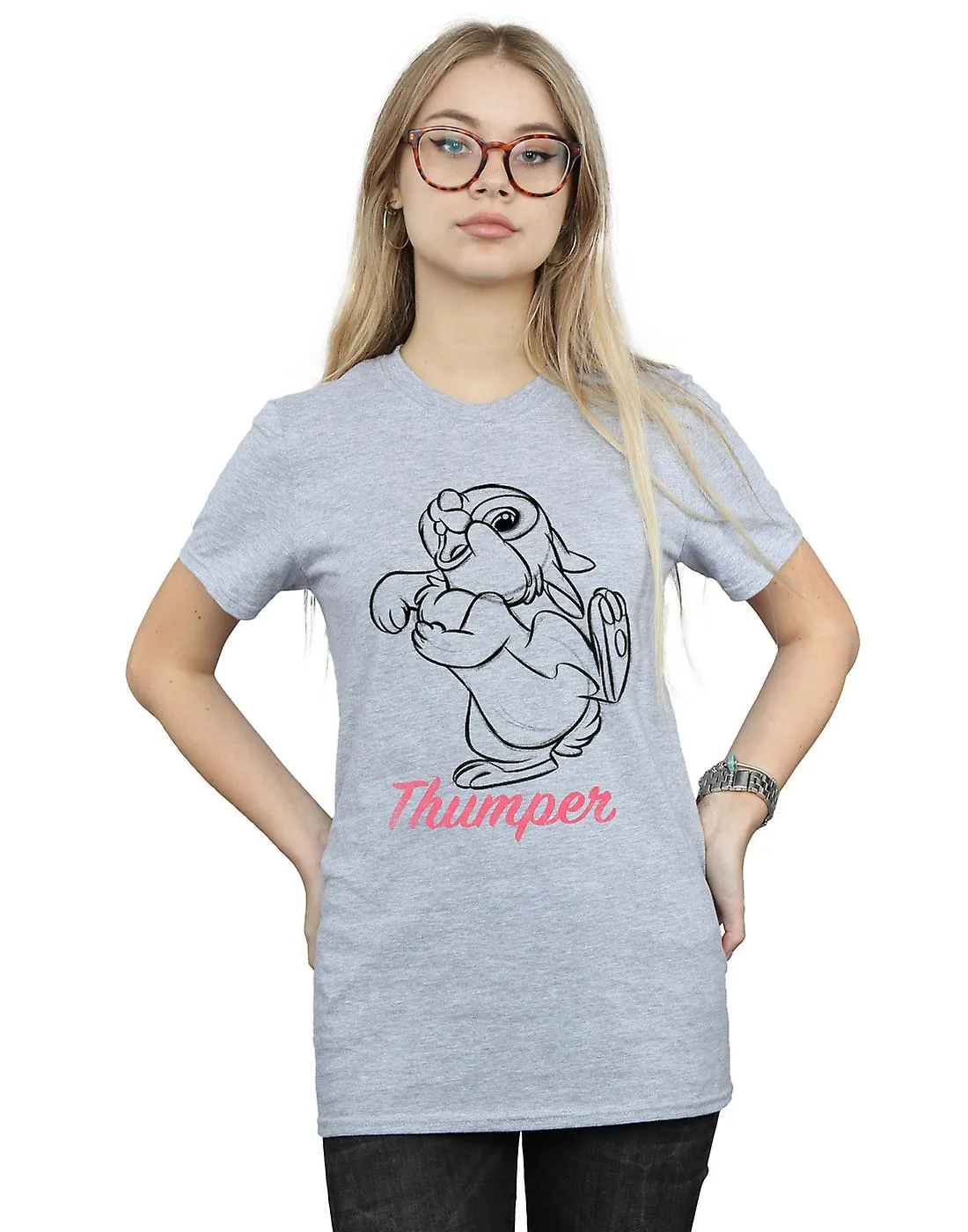 DISNEY WOMEN'S BAMBI THUMPER LINE DRAWING BOYFRIEND FIT TSHIRT