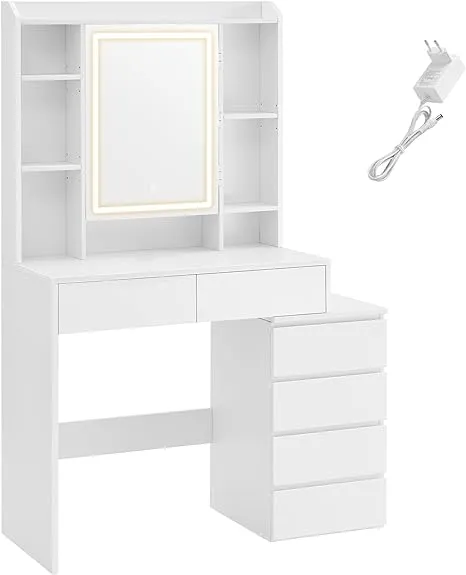 KAPTAFEL – MAKEUPTAFEL MET SPIEGEL EN LEDVERLICHTING MET INSTELBARE HELDERHEID, VERSTELBARE PLANKEN EN LADEN