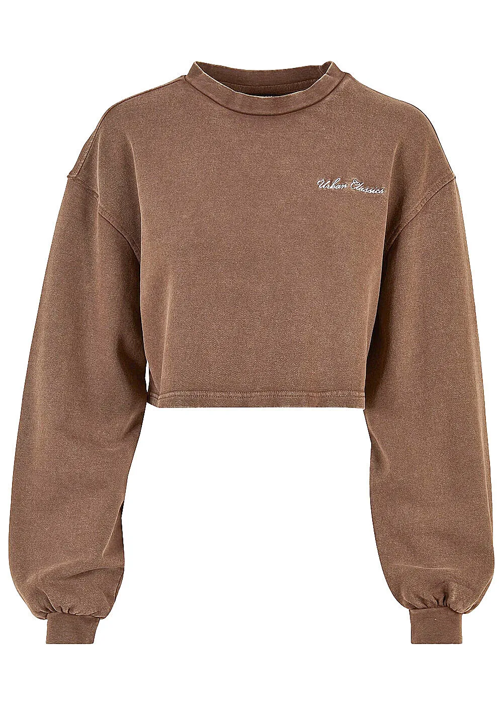 Urban Classics Dames Crop Sweater Trui met Borduursel en Ronde Hals bruin